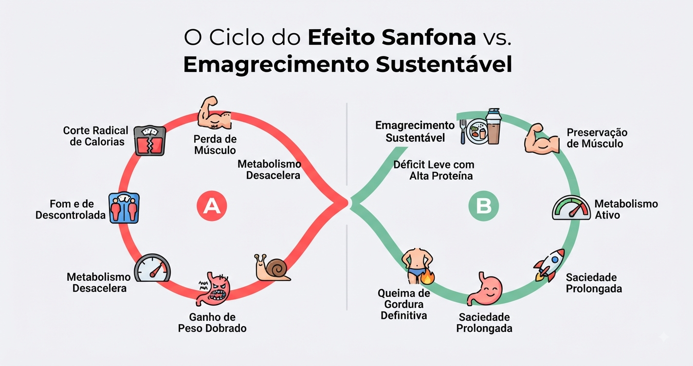A Armadilha do Déficit Extremo: Como Dietas Sem Proteína Ativam o Efeito Sanfona no Seu Corpo